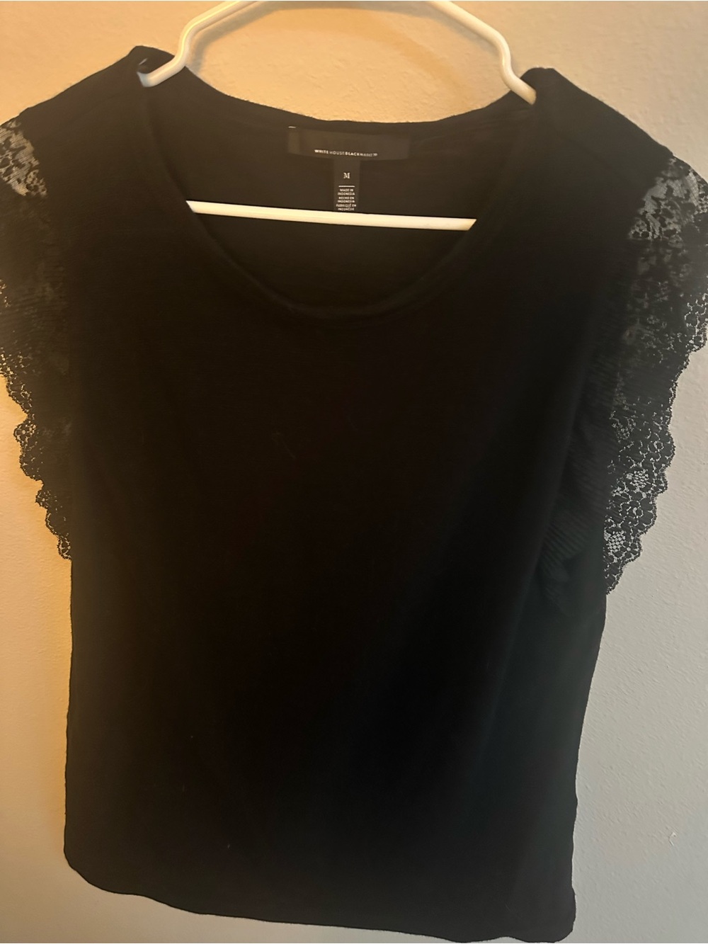WHBM Black Lace Sleeve Top Cotton/Modal M Dressy or Casual